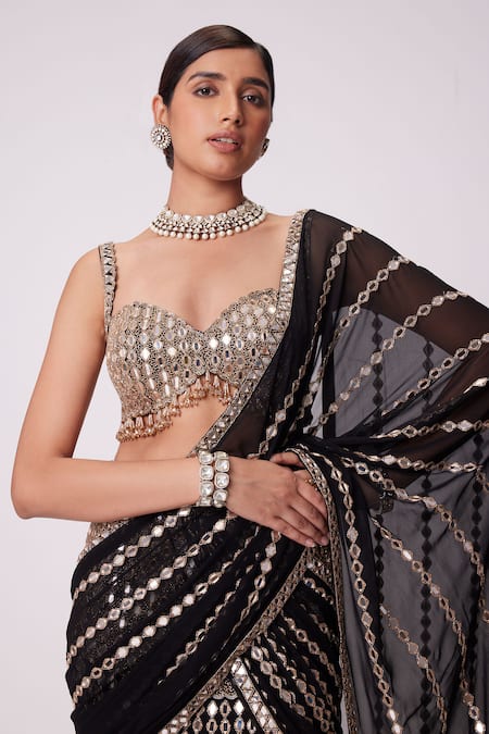 Shop Vvani By Vani Vats Black Georgette Mirrors, Cut Sheesha Vine Embroidered Lehenga Saree With Blouse Online at Aza Fashions Shop_Vvani By Vani Vats_Black Georgette Mirrors, Cut Sheesha Vine Embroidered Lehenga Saree With Blouse _Online_at_Aza_Fashions