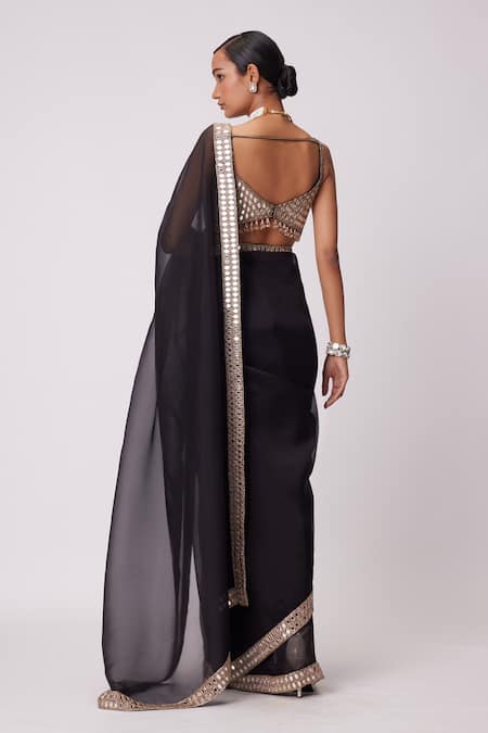 Shop_Vvani By Vani Vats_Black Georgette Beads, Mirrors Sweetheart Mahal Border Embroidered Saree Set _at_Aza_Fashions
