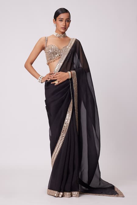 Vvani By Vani Vats_Black Georgette Beads, Mirrors Sweetheart Mahal Border Embroidered Saree Set _Online_at_Aza_Fashions