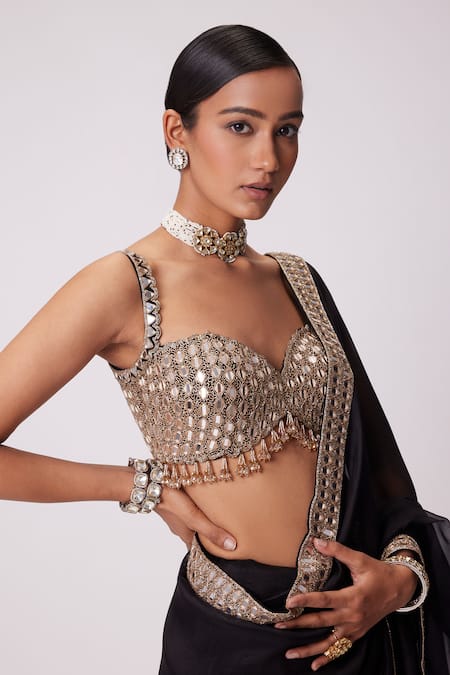 Buy_Vvani By Vani Vats_Black Georgette Beads, Mirrors Sweetheart Mahal Border Embroidered Saree Set _Online_at_Aza_Fashions
