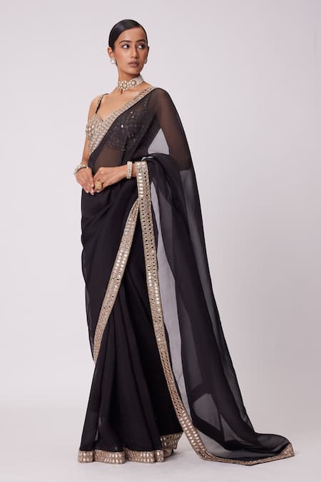 Shop_Vvani By Vani Vats_Black Georgette Beads, Mirrors Sweetheart Mahal Border Embroidered Saree Set _Online_at_Aza_Fashions