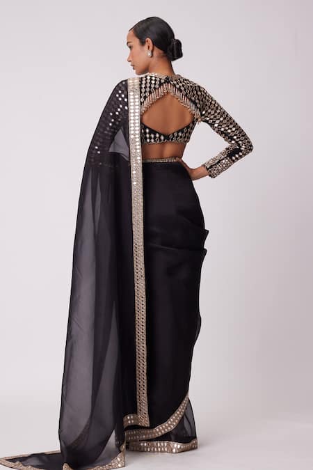 Shop_Vvani By Vani Vats_Black Organza, Georgette Mirrors High Sheesha Mahal Border Embroidered Saree Set _at_Aza_Fashions
