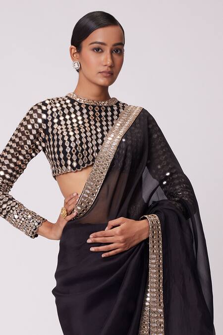 Vvani By Vani Vats_Black Organza, Georgette Mirrors High Sheesha Mahal Border Embroidered Saree Set _Online_at_Aza_Fashions