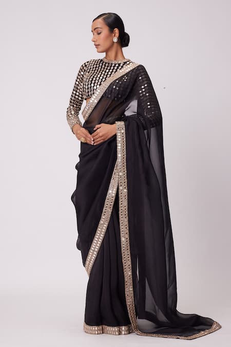 Buy_Vvani By Vani Vats_Black Organza, Georgette Mirrors High Sheesha Mahal Border Embroidered Saree Set _Online_at_Aza_Fashions