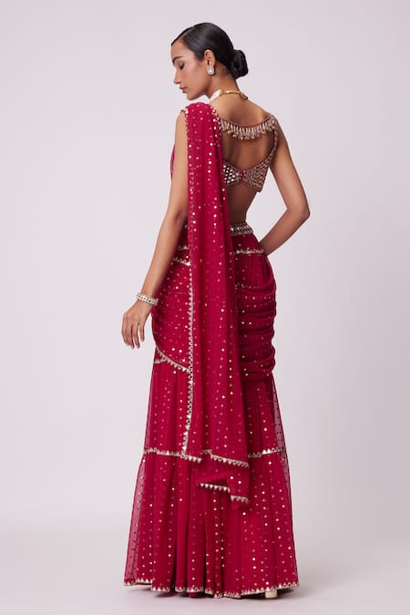 Vvani By Vani Vats Sheesha Quad Embroidered Tiered Lehenga Saree With Blouse 