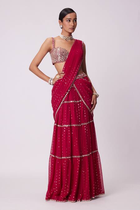 Vvani By Vani Vats_Red Georgette Sequins, Sheesha Quad Embroidered Tiered Lehenga Saree With Blouse _Online_at_Aza_Fashions