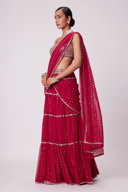 Buy_Vvani By Vani Vats_Red Georgette Sequins, Sheesha Quad Embroidered Tiered Lehenga Saree With Blouse _Online_at_Aza_Fashions