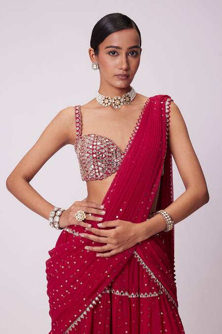 Shop_Vvani By Vani Vats_Red Georgette Sequins, Sheesha Quad Embroidered Tiered Lehenga Saree With Blouse _Online_at_Aza_Fashions