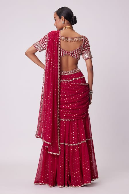Vvani By Vani Vats Tikki Embroidered Tiered Lehenga Saree With Blouse 