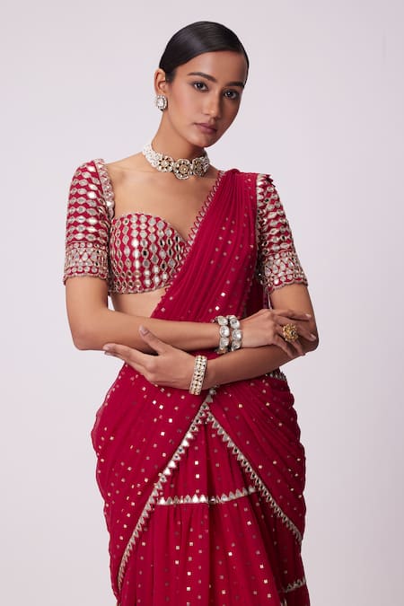 Buy Vvani By Vani Vats Red Georgette Mirrors Tikki Embroidered Tiered Lehenga Saree With Blouse Online at Aza Fashions Buy_Vvani By Vani Vats_Red Georgette Mirrors Tikki Embroidered Tiered Lehenga Saree With Blouse _Online_at_Aza_Fashions