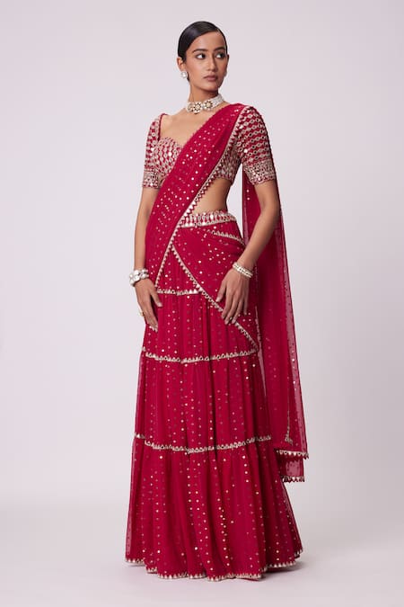 Shop Vvani By Vani Vats Red Georgette Mirrors Tikki Embroidered Tiered Lehenga Saree With Blouse Online at Aza Fashions Shop_Vvani By Vani Vats_Red Georgette Mirrors Tikki Embroidered Tiered Lehenga Saree With Blouse _Online_at_Aza_Fashions