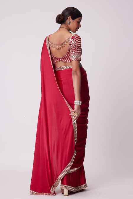 Shop_Vvani By Vani Vats_Red Satin, Georgette Mirrors, Cut Sheesha Border Embroidered Saree With Blouse _at_Aza_Fashions