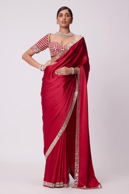 Vvani By Vani Vats_Red Satin, Georgette Mirrors, Cut Sheesha Border Embroidered Saree With Blouse _Online_at_Aza_Fashions