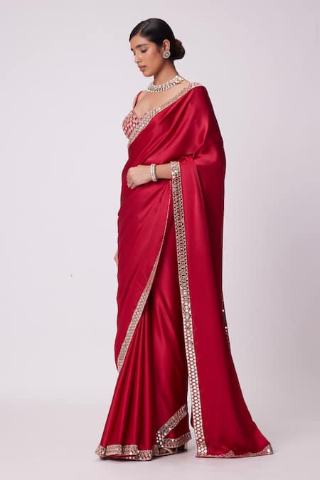 Buy_Vvani By Vani Vats_Red Satin, Georgette Mirrors, Cut Sheesha Border Embroidered Saree With Blouse _Online_at_Aza_Fashions