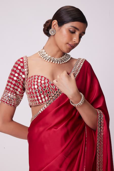 Shop_Vvani By Vani Vats_Red Satin, Georgette Mirrors, Cut Sheesha Border Embroidered Saree With Blouse _Online_at_Aza_Fashions