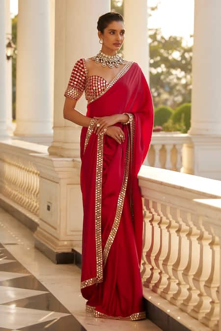 Vvani By Vani Vats_Red Satin, Georgette Mirrors, Cut Sheesha Border Embroidered Saree With Blouse _at_Aza_Fashions