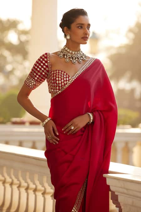 Buy_Vvani By Vani Vats_Red Satin, Georgette Mirrors, Cut Sheesha Border Embroidered Saree With Blouse 