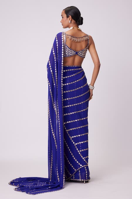 Vvani By Vani Vats Blue Georgette Mirrors Sweetheart Neck Ornate Embroidered Saree With Blouse Online at Aza Fashions Vvani By Vani Vats_Blue Georgette Mirrors Sweetheart Neck Ornate Embroidered Saree With Blouse _Online_at_Aza_Fashions