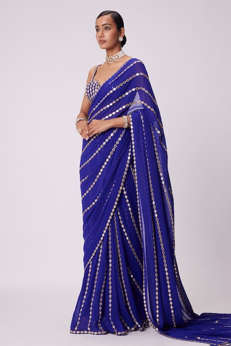 Buy Vvani By Vani Vats Blue Georgette Mirrors Sweetheart Neck Ornate Embroidered Saree With Blouse Online at Aza Fashions Buy_Vvani By Vani Vats_Blue Georgette Mirrors Sweetheart Neck Ornate Embroidered Saree With Blouse _Online_at_Aza_Fashions