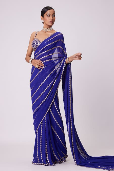 Shop Vvani By Vani Vats Blue Georgette Mirrors Sweetheart Neck Ornate Embroidered Saree With Blouse Online at Aza Fashions Shop_Vvani By Vani Vats_Blue Georgette Mirrors Sweetheart Neck Ornate Embroidered Saree With Blouse _Online_at_Aza_Fashions
