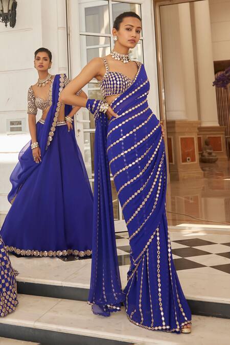 Buy Vvani By Vani Vats Blue Georgette Mirrors Sweetheart Neck Ornate Embroidered Saree With Blouse Buy_Vvani By Vani Vats_Blue Georgette Mirrors Sweetheart Neck Ornate Embroidered Saree With Blouse