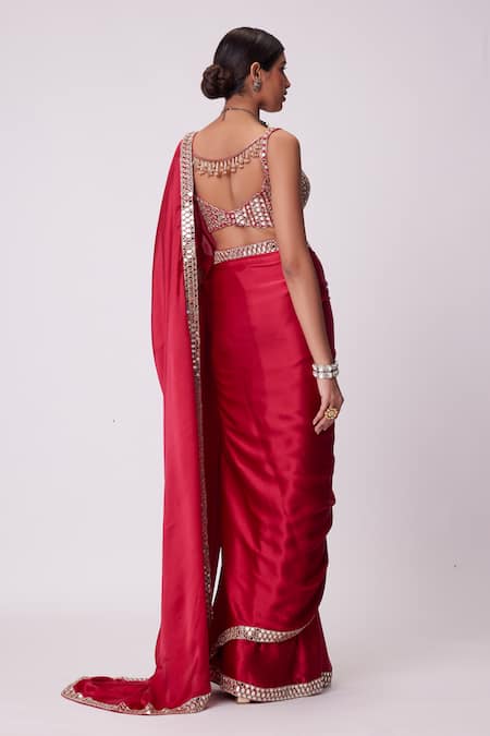 Shop Vvani By Vani Vats Red Satin, Georgette Mirrors Sheesh Mahal Border Embroidered Saree With Blouse at Aza Fashions Shop_Vvani By Vani Vats_Red Satin, Georgette Mirrors Sheesh Mahal Border Embroidered Saree With Blouse _at_Aza_Fashions