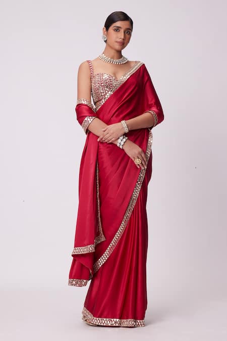 Vvani By Vani Vats Red Satin, Georgette Mirrors Sheesh Mahal Border Embroidered Saree With Blouse Online at Aza Fashions Vvani By Vani Vats_Red Satin, Georgette Mirrors Sheesh Mahal Border Embroidered Saree With Blouse _Online_at_Aza_Fashions