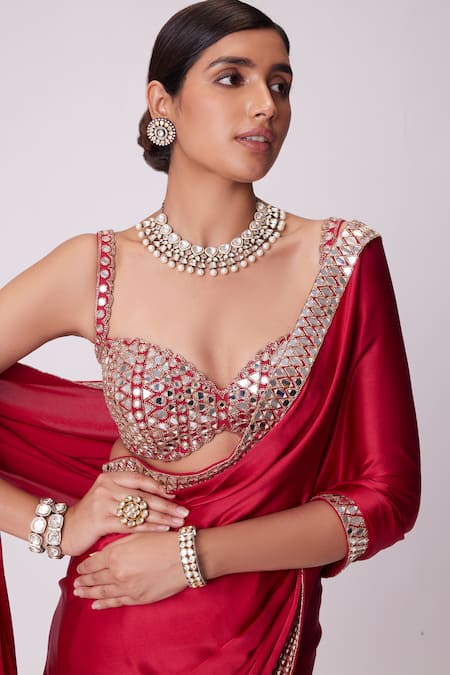 Buy Vvani By Vani Vats Red Satin, Georgette Mirrors Sheesh Mahal Border Embroidered Saree With Blouse Online at Aza Fashions Buy_Vvani By Vani Vats_Red Satin, Georgette Mirrors Sheesh Mahal Border Embroidered Saree With Blouse _Online_at_Aza_Fashions
