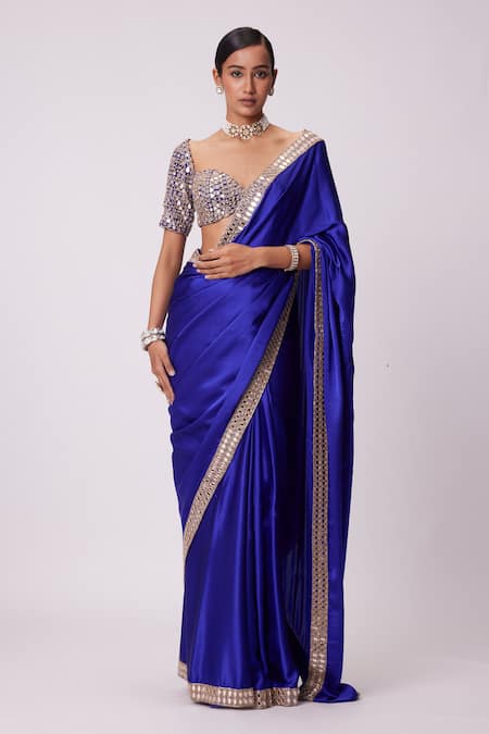 Vvani by Vani Vats Mirror Bloom Border Embroidered Satin Saree With Blouse 