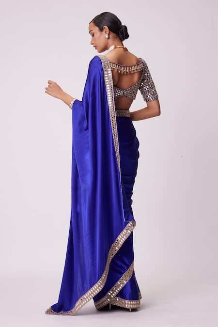 Shop Vvani By Vani Vats Blue Satin, Georgette Mirrors Bloom Border Embroidered Saree With Blouse at Aza Fashions Shop_Vvani By Vani Vats_Blue Satin, Georgette Mirrors Bloom Border Embroidered Saree With Blouse _at_Aza_Fashions