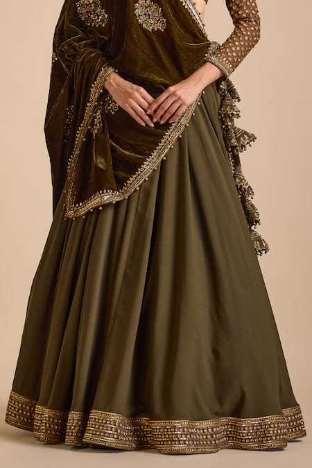 Prevasu_Green Georgette, Velvet Zari, Amaira Embellished Lehenga Set With Dupatta _Online_at_Aza_Fashions