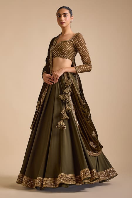 Buy_Prevasu_Green Georgette, Velvet Zari, Amaira Embellished Lehenga Set With Dupatta _Online_at_Aza_Fashions