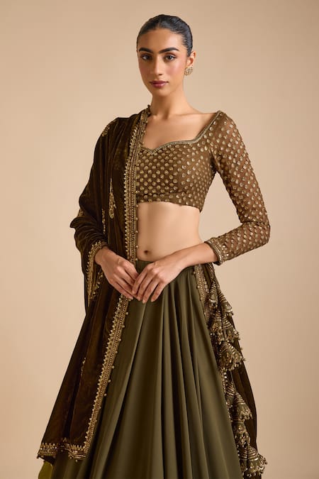 Shop_Prevasu_Green Georgette, Velvet Zari, Amaira Embellished Lehenga Set With Dupatta _Online_at_Aza_Fashions