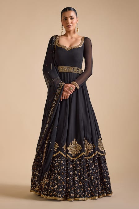 Prevasu Sequin Floral Embellished Layered Anarkali Set 