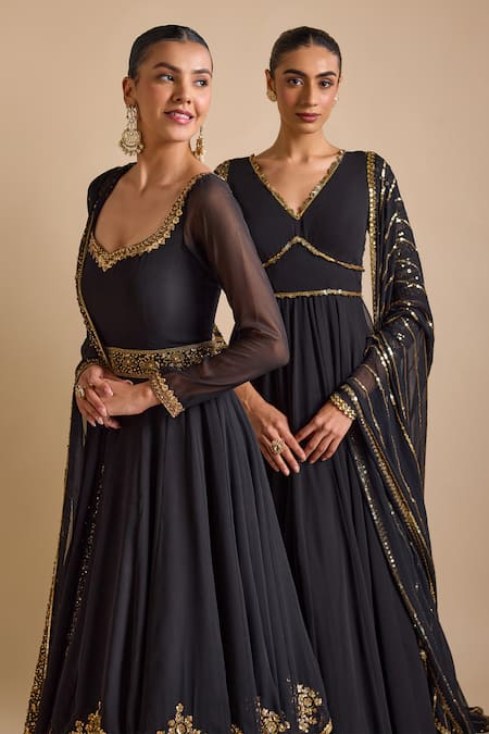 Shop_Prevasu_Black Georgette Sequins, Beads, Zari Floral Embellished Layered Anarkali Set _Online_at_Aza_Fashions