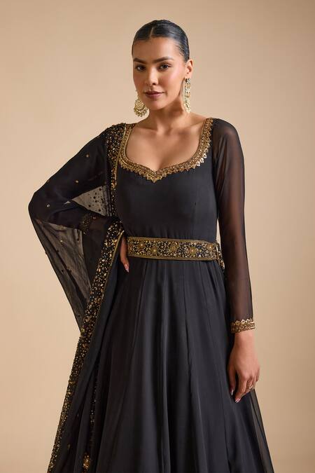 Prevasu_Black Georgette Sequins, Beads, Zari Floral Embellished Layered Anarkali Set _at_Aza_Fashions