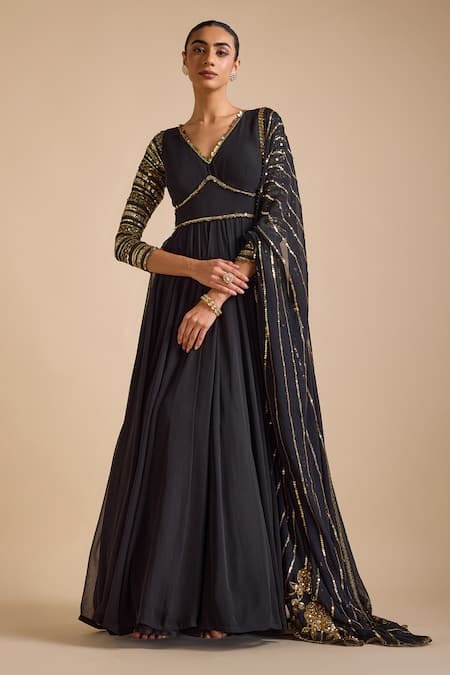 Prevasu Sequin Stripe Sleeves Anarkali With Dupatta 