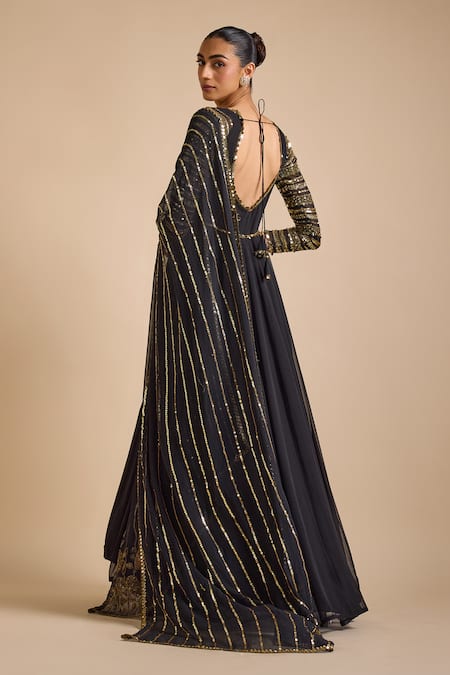 Prevasu Sequin Stripe Sleeves Anarkali With Dupatta 