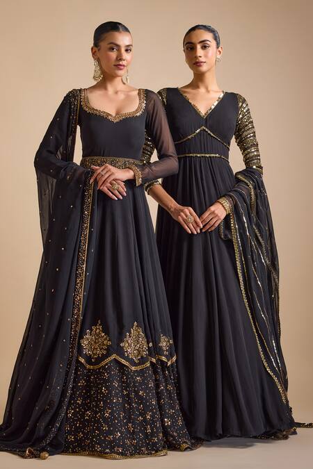 Prevasu_Black Georgette Sequins, Beads V-neck Stripe Sleeves Anarkali With Dupatta _Online_at_Aza_Fashions