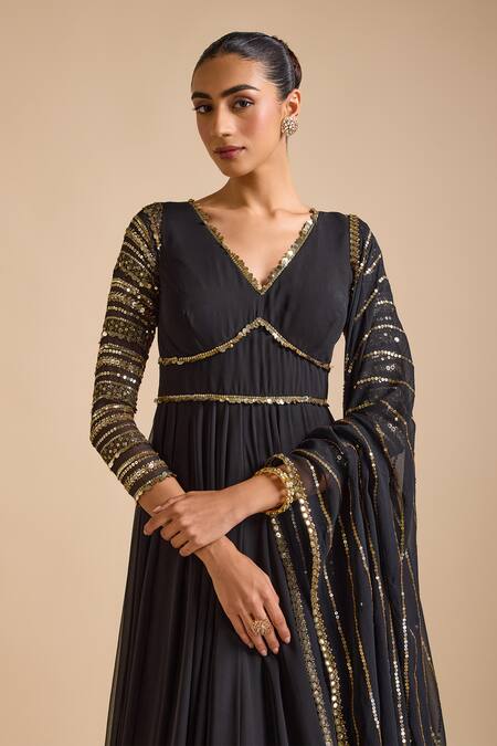 Buy_Prevasu_Black Georgette Sequins, Beads V-neck Stripe Sleeves Anarkali With Dupatta _Online_at_Aza_Fashions
