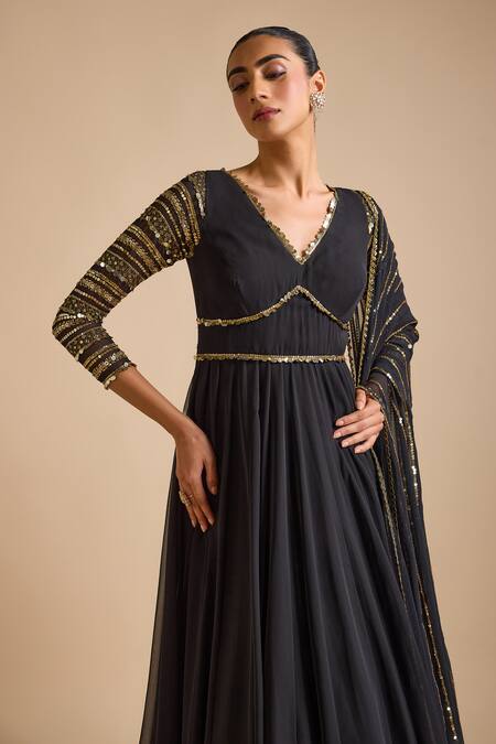 Shop_Prevasu_Black Georgette Sequins, Beads V-neck Stripe Sleeves Anarkali With Dupatta _Online_at_Aza_Fashions