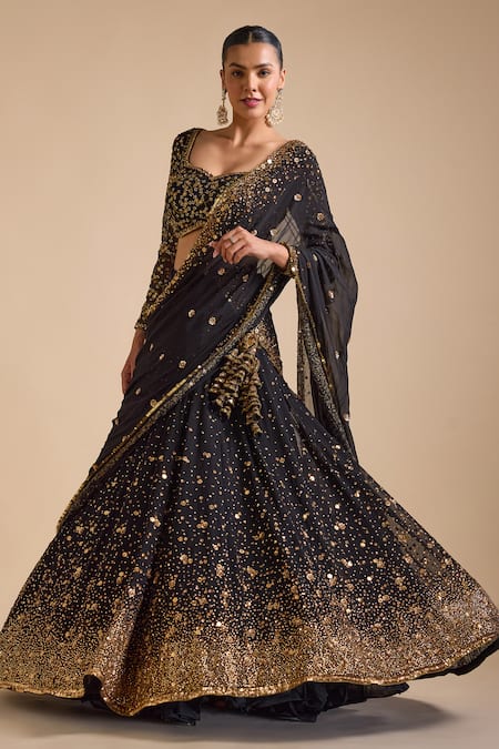 Prevasu_Black Georgette Sequins, Beads Mastani Floral Gradient Embellished Lehenga Set _Online_at_Aza_Fashions