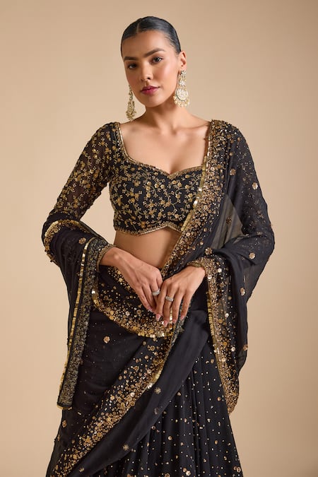Buy_Prevasu_Black Georgette Sequins, Beads Mastani Floral Gradient Embellished Lehenga Set _Online_at_Aza_Fashions