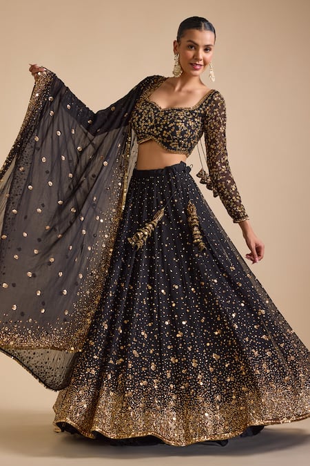Shop_Prevasu_Black Georgette Sequins, Beads Mastani Floral Gradient Embellished Lehenga Set _Online_at_Aza_Fashions