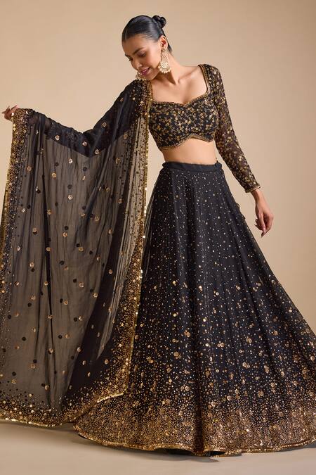 Prevasu_Black Georgette Sequins, Beads Mastani Floral Gradient Embellished Lehenga Set _at_Aza_Fashions