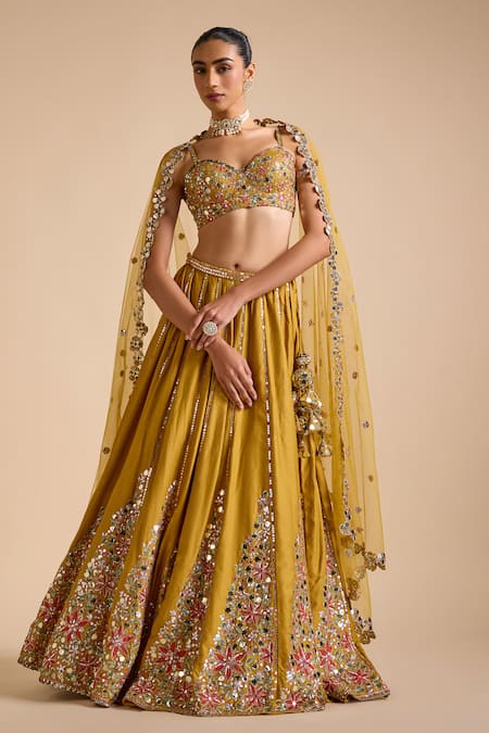 Prevasu_Yellow Tussar, Net Sequins, Mirrors, Dilruba Floral Embellished Lehenga Set _Online_at_Aza_Fashions