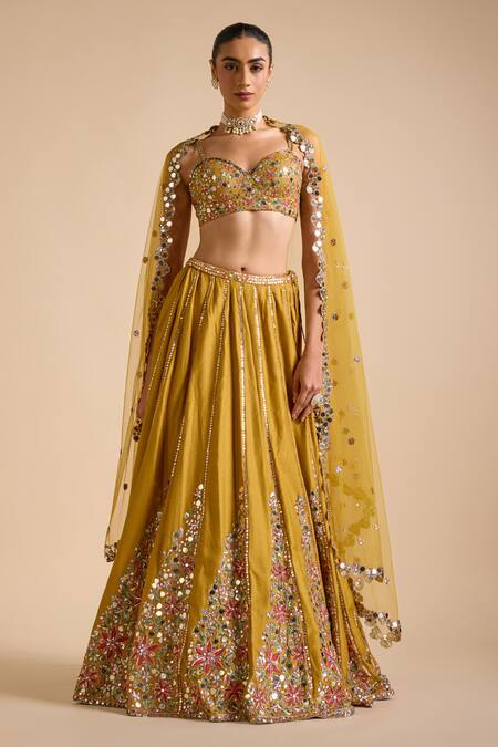 Buy_Prevasu_Yellow Tussar, Net Sequins, Mirrors, Dilruba Floral Embellished Lehenga Set _Online_at_Aza_Fashions