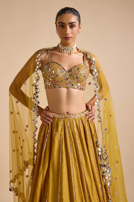 Shop_Prevasu_Yellow Tussar, Net Sequins, Mirrors, Dilruba Floral Embellished Lehenga Set _Online_at_Aza_Fashions
