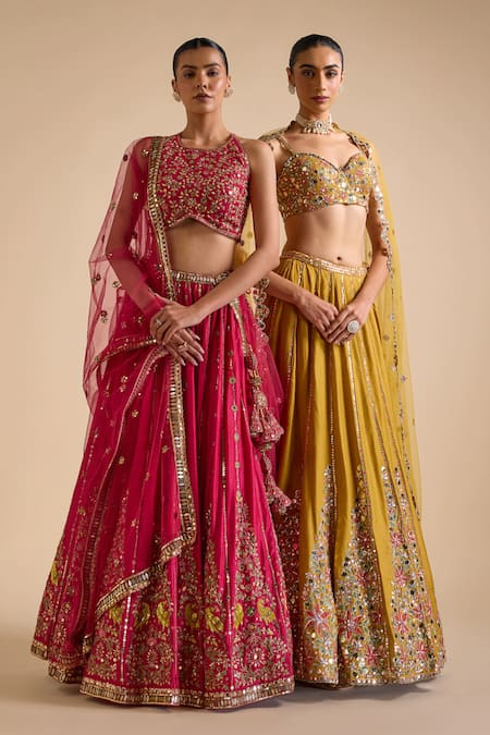 Prevasu_Yellow Tussar, Net Sequins, Mirrors, Dilruba Floral Embellished Lehenga Set _at_Aza_Fashions