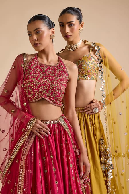 Buy_Prevasu_Yellow Tussar, Net Sequins, Mirrors, Dilruba Floral Embellished Lehenga Set 